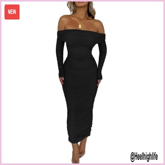 Dresses & Skirts - Long Sleeve Off Shoulder Maxi Dress Bodycon Ruched Slit Formal Club